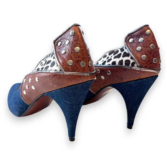 Vintage Leather, Denim & Cowhide Studded Boho Heels - Picture 8 of 12